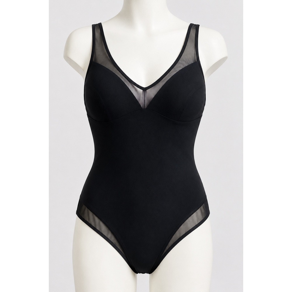 Simon Chang Women's One Piece Swimsuit Size 16 Black Mesh Detail Molded Cups